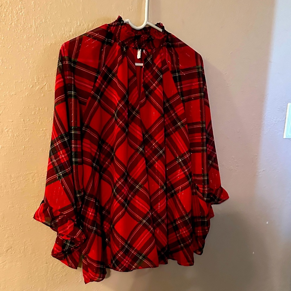 Cato Red and Black Plaid Flutter Mock Top